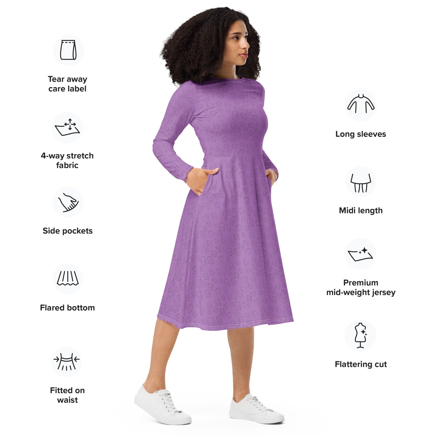 Dice Pattern long sleeve midi dress - Purple - The Nerd Supply Company