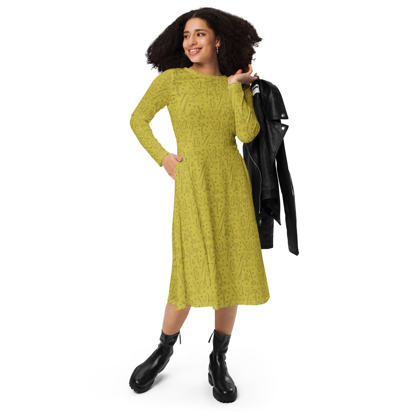 Fantasy Weapon Pattern long sleeve midi dress - Purple - The Nerd Supply Company