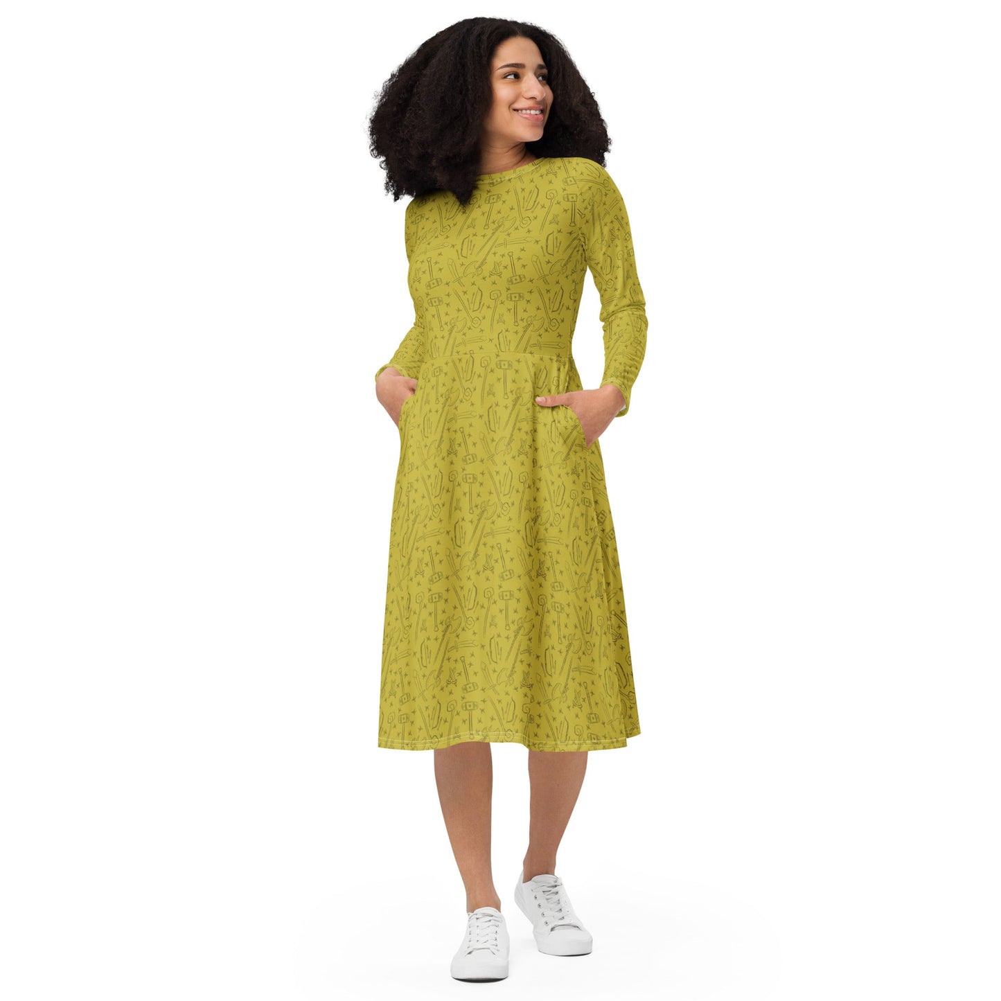 Fantasy Weapon Pattern long sleeve midi dress - Purple - The Nerd Supply Company