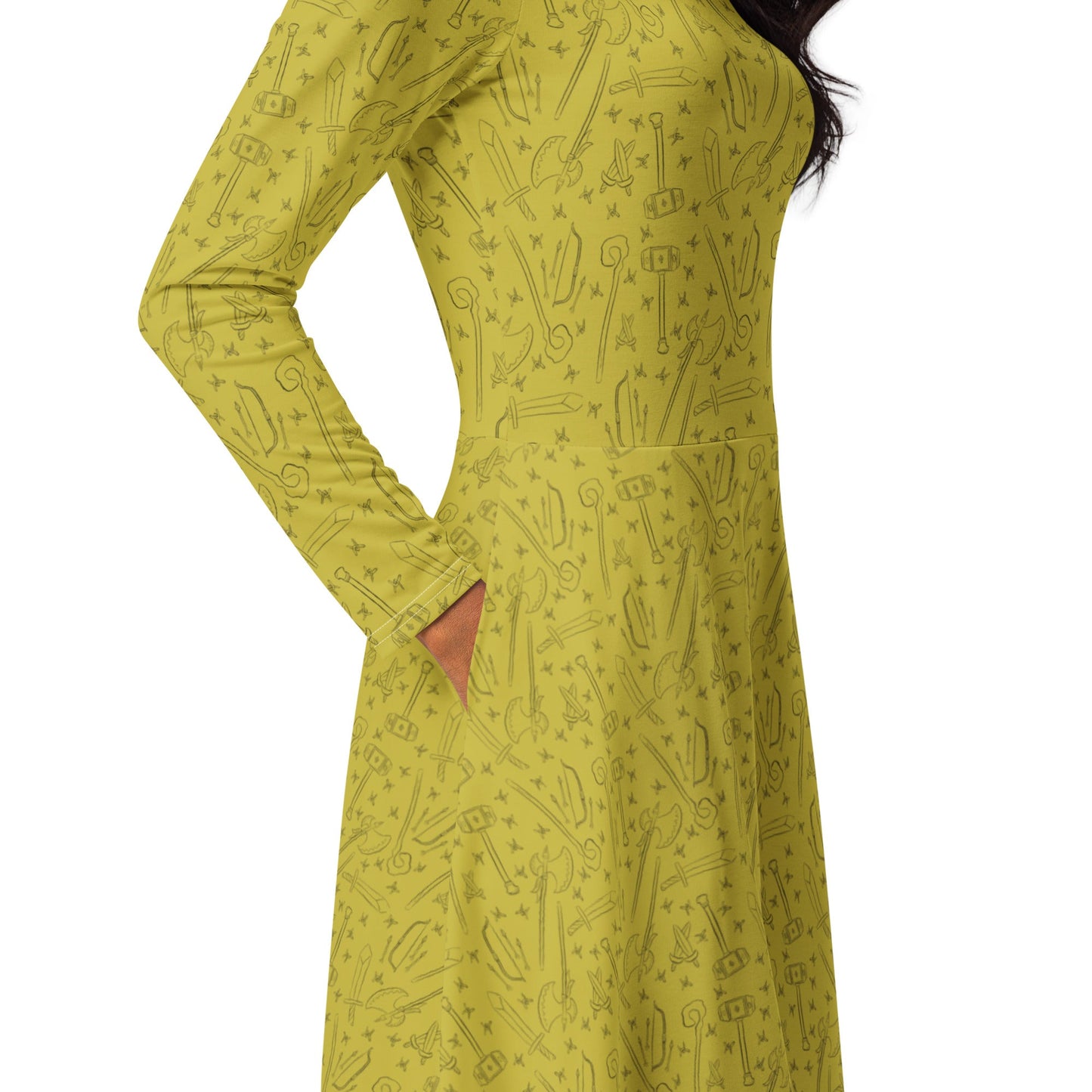 Fantasy Weapon Pattern long sleeve midi dress - Purple - The Nerd Supply Company